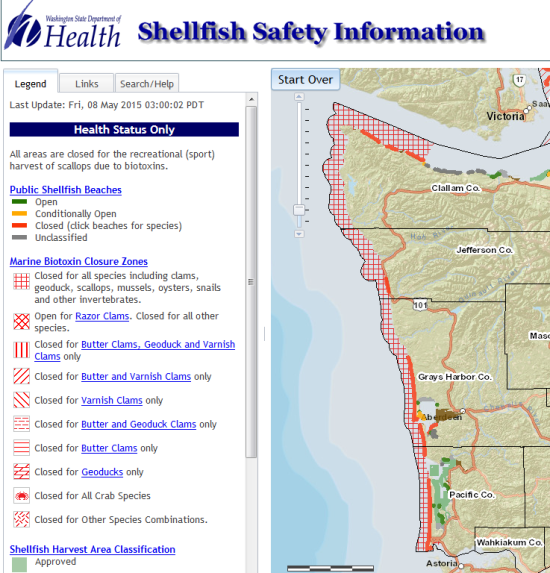 A WASHINGTON DEPARTMENT OF HEALTH MAP SHOWS COASTAL AREAS WHERE SHELLFISHING HAS BEEN CLOSED DUE TO MARINE TOXINS. (DOH)